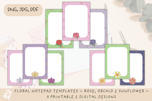 Floral Notepad Templates: Rose, Orchid & Sunflower for Print & Digital Design